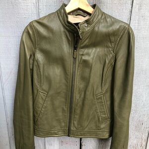 COACH green leather moto jacket, elastic cuffs